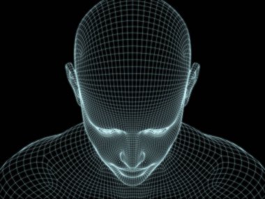 Teknoloji, eğitim ve bilgisayar bilimleri illüstrasyonlarında kullanılmak üzere insan kafasının tel örgüsü içinde 3B görüntüsü