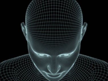 İnsan kafasının teknoloji, eğitim ve bilgisayar bilimleri illüstrasyonlarında kullanılmak üzere tel örgüde 3 boyutlu görüntülenmesi