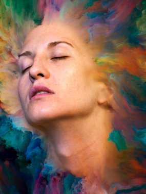 Dünya serisi. Duygular, duygular, iç dünya, yaratıcılık ve hayal gücü konularında kadın portresiyle birleştirilmiş sanatsal soyutlama.