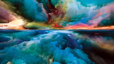 Rüyalar Diyarı. Zihin serisinin peyzajları. Yaşam, sanat, şiir, yaratıcılık ve hayal gücü teması üzerine parlak boya, hareket eğimleri ve sürrealite dağları ve bulutların düzenlenmesi