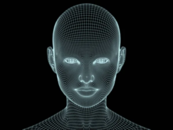 3D技術 コンピュータサイエンスのイラストで使用するためのワイヤメッシュにおける人間の頭のクローズアップのレンダリング — ストック写真