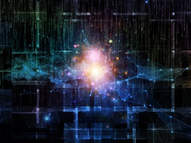 Bilgisayar ağı, sanal gerçeklik, internet ve modern teknolojiler üzerinde proje için sayılar, ağ sembolleri, ışıklar ve fraktal elemanların arka plan