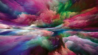 Işık Ülkesi. Gerçekliğe Kaçış dizisi. Doğaüstü günbatımı renklerinin soyut kompozisyonu ve manzara resmi, hayal gücü, yaratıcılık ve sanat projeleri için uygun desenler.