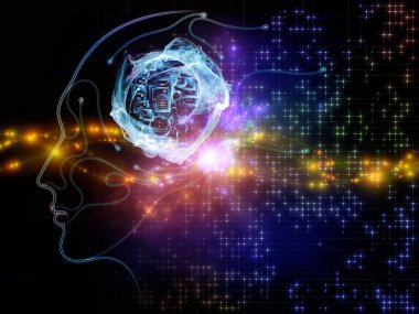 Yapay mantık serisinin ışığı. İnsanın yüz hatlarının ve zihin, teknoloji ve bilinç konularındaki dijital elementlerin arkaplanı