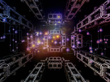 Fraktal yapıların 3 boyutlu çizimi, soyut dijital ağ ve modern teknoloji, veri işlemenin geleceği ve sanal gerçeklik üzerine ışıklar