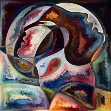 Hayalet Zihin. Renkli Geometri serisi. İnsan siluetlerinin soyut düzenlenmesi, sanat dokuları ve renkleri iç yaşam, drama, şiir ve algı projeleri için uygun etkileşim