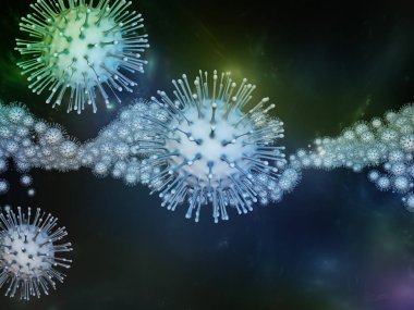 Coronavirus Araştırma. Viral Salgın Serisi. Coronavirus parçacıkları ve mikro uzay elementlerinin virüs, salgın hastalık, enfeksiyon, hastalık ve sağlıkla ilgili projelerde 3D çizimi