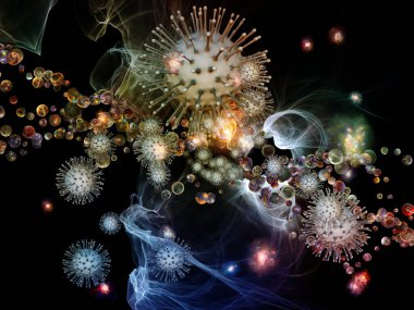 Coronavirus, enfeksiyon, salgın hastalık, biyoloji ve sağlık hizmetleri konularındaki viral parçacıkların ve soyut hücresel elementlerin 3 boyutlu etkileşimi