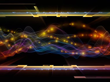 Uzay Mantığı. Sanal Dalga serisi. Veri transferiyle ilgili yatay sinüs dalgaları ve ışık parçacıklarının 3 boyutlu görüntülenmesi, sanal, yapay, matematiksel gerçeklik.