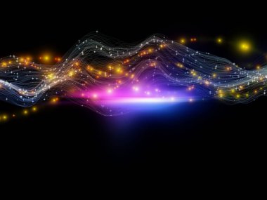 Sanal Evren. Sanal Dalga serisi. Veri transferi, sanal, yapay, matematiksel gerçeklik üzerine çalışmalar için yatay sinüs dalgaları ve ışık parçacıklarının arkaplan tasarımı.