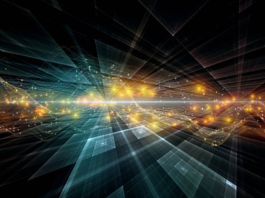 Uzayda veri. Sanal Dalga serisi. Veri transferi, sanal, yapay, matematiksel gerçeklik konularındaki yatay sinüs dalgaları ve ışık parçacıklarından oluşan tasarım.