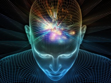 Aydınlanmış düşünce. Bilinçli Zihin serisi. Yapay zeka, insan bilinci ve ruhani yapay zeka için üç boyutlu parlayan tel örgü insan yüzüyle ilgili soyut tasarım.