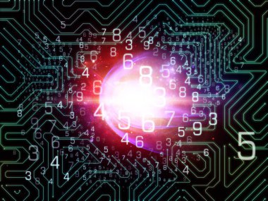 Numara İzleme. Bilim, eğitim, bilgisayar ve modern teknoloji konularındaki sayı şebekelerinin ve ışıkların örtüşmesi.