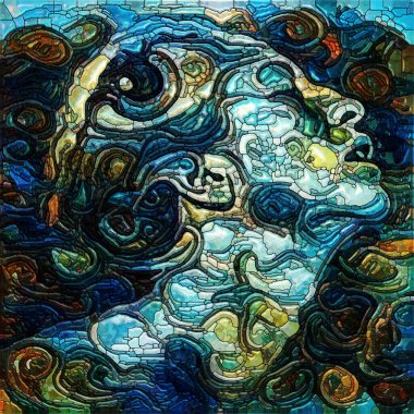 Minds Eye serisi. İç dünya ve insan kimliğinde kadın gözü olan lekeli cam bileşimi.