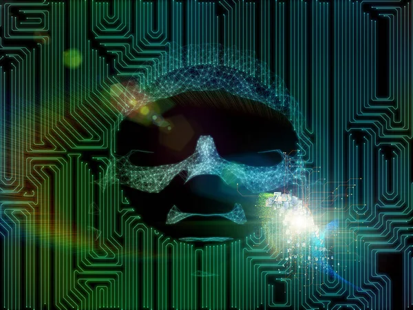 追踪人工智能 在人工智能 现代技术和计算等课题上 机器人脸 电路和抽象灯的构成 3D说明 — 图库照片