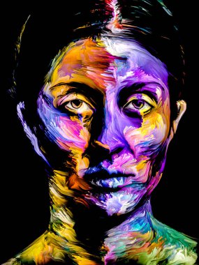 Renk serisi insanları. Yaratıcılık, hayal gücü ve sanat konularında çok renkli genç kadın portresi.