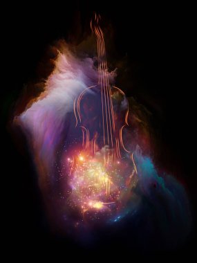 Müzik, sanat ve yaratıcılık konularında renkli keman ve fraktal boya soyutlaması. 3B Görüntü.
