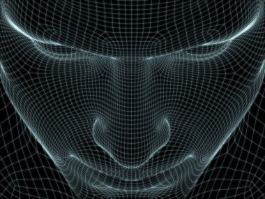 Teknoloji, eğitim ve bilgisayar bilimleri illüstrasyonlarında kullanılmak üzere insan yüzünün tel örgüsü içinde 3B görüntüsü