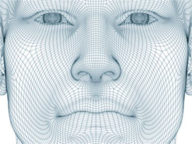 İnsan kafası ve yüzünün üç boyutlu görüntülenmesi illüstrasyon ve tasarım için tel örgüsü olarak kullanılacak