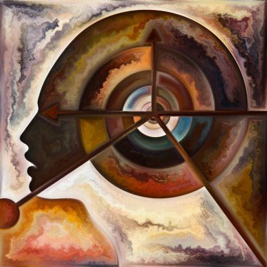 Çıkış Geometrisi. Gizli zihin serisi. İç yaşam, drama, şiir ve algı konuları için insan siluetlerinin, sanat dokularının ve renklerinin grafiksel kompozisyonu