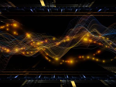 Uzayda aktarım. Sanal Dalga serisi. Veri transferi, sanal, yapay, matematiksel gerçeklik için yatay sinüs dalgalarının ve ışık parçacıklarının 3D görüntülenmesi.