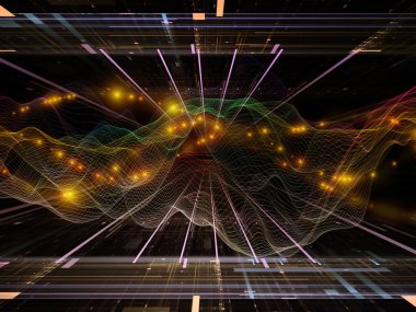 Uzayda aktarım. Sanal Dalga serisi. Veri transferi, sanal, yapay, matematiksel gerçeklik için yatay sinüs dalgalarının ve ışık parçacıklarının 3D görüntülenmesi.