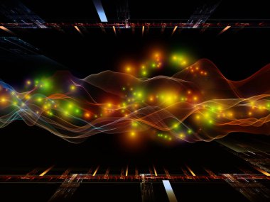 Uzayda aktarım. Sanal Dalga serisi. Veri transferi, sanal, yapay, matematiksel gerçeklik için yatay sinüs dalgalarının ve ışık parçacıklarının 3D görüntülenmesi.