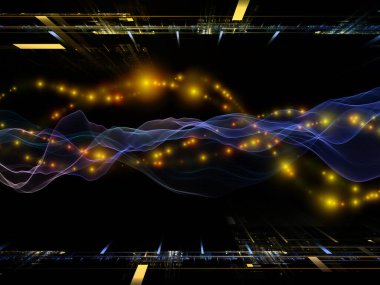 Uzay Mantığı. Sanal Dalga serisi. Veri transferiyle ilgili yatay sinüs dalgaları ve ışık parçacıklarının 3 boyutlu görüntülenmesi, sanal, yapay, matematiksel gerçeklik.