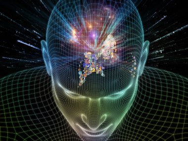 Parlak Düşünce. Bilinçli Zihin serisi. Parlayan kablonun 3 boyutlu görüntülenmesi yapay zeka, insan bilinci ve manevi yapay zeka ile ilişkili insan yüzü.