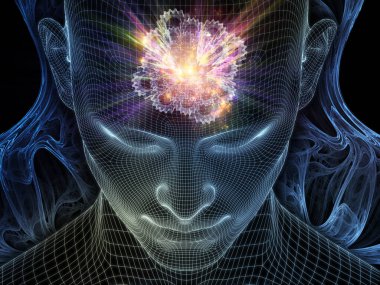 Aydınlanmış düşünce. Bilinçli Zihin serisi. Yapay zeka, insan bilinci ve ruhani yapay zeka için üç boyutlu parlayan tel örgü insan yüzüyle ilgili soyut tasarım.