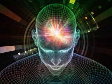 Parlak Rüyalar. Bilinçli Zihin serisi. Yapay zeka, insan bilinci ve ruhani yapay zeka üzerine parlayan tellerin 3 boyutlu tasarımı insan yüzünü örüyor.