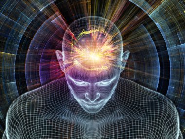 Aydınlanmış düşünce. Bilinçli Zihin serisi. Yapay zeka, insan bilinci ve ruhani yapay zeka için üç boyutlu parlayan tel örgü insan yüzüyle ilgili soyut tasarım.