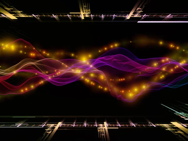 宇宙信号 仮想波シリーズ データ転送 数学的現実をテーマにした水平正弦波と光粒子の配置 — ストック写真