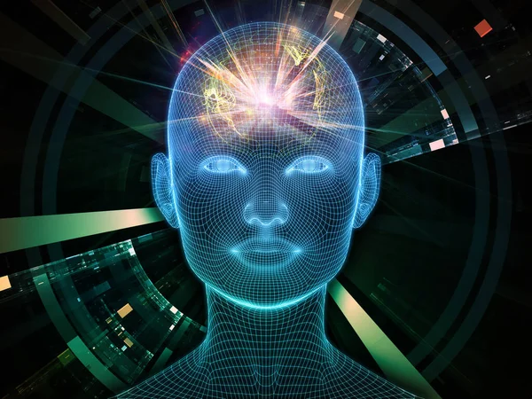 光芒四射清醒的头脑系列 基于人工智能 人类意识和精神人工智能的发光金属丝网人脸三维绘制的组成 — 图库照片