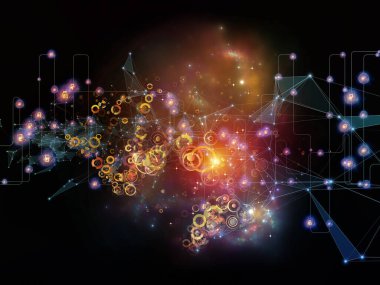 Gelecek Bağlantı serisi. Ağ hatlarının, ışıkların ve sembollerin modern teknoloji, ağ oluşturma, telekomünikasyon ve bilim konularındaki karanlık arka plana karşı düzenlenmesi.