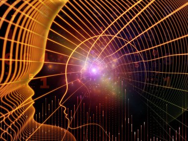 Zihin serisinin doğuşu. Genel yapay zeka ve modern teknoloji üzerine insan kafası siluetleri ve sayı şebekelerinin arka planı.