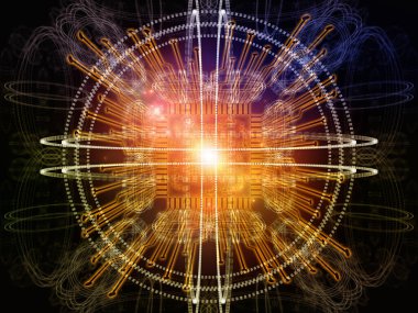 İşlemcinin özeti, fraktal geometri ve bilgisayar bilimi ve teknolojisi konularındaki ışıkların soyut 3D çizimi