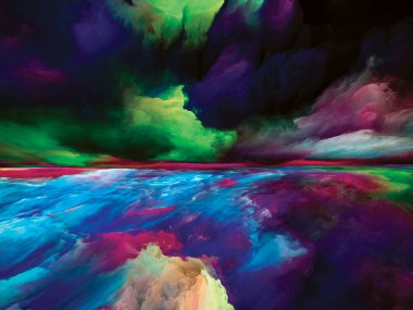 Hayalet Bulutlar. Gerçekliğe Kaçış dizisi. Sahne resmi, hayal gücü, yaratıcılık ve sanat konularında gerçeküstü günbatımı renkleri ve dokularının arkaplan tasarımı