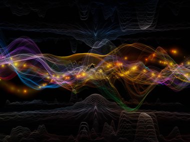 Sanal Evren. Sanal Dalga serisi. Veri transferi konusunda yatay sinüs dalgaları ve ışık parçacıklarının düzenlenmesi, sanal, yapay, matematiksel gerçeklik.