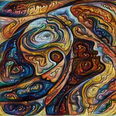 Hepimiz bu işin içindeyiz. İnsan siluetleri, insan durumunun şiirselliği üzerine soyut resim tarzıyla çizilmiştir..