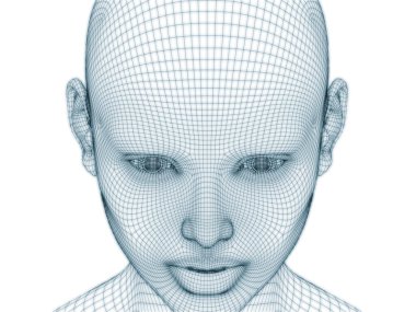 İnsan kafası ve yüzünün üç boyutlu görüntülenmesi illüstrasyon ve tasarım için tel örgüsü olarak kullanılacak