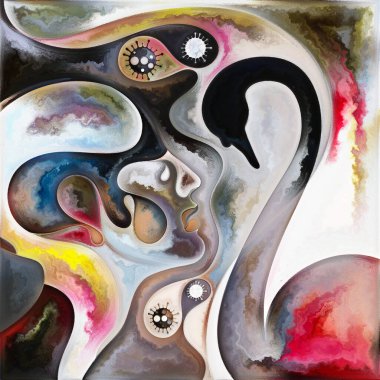 Virüs serisini girin. Virüs sembolleri, siyah kuğu ve insan yüzünün enfeksiyon, ölüm, ölme, rastgele olaylar, şiir ve sanat konularındaki renkli bileşimi.