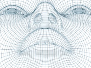 İnsan kafası ve yüzünün üç boyutlu görüntülenmesi illüstrasyon ve tasarım için tel örgüsü olarak kullanılacak
