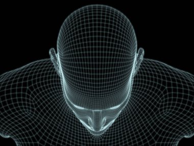 Resim ve tasarım için insan kafası ve yüzünün 3 boyutlu görüntüsü tel örgüsü