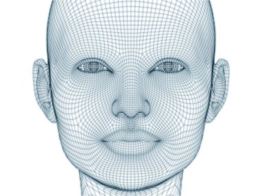 İnsan kafası ve yüzünün üç boyutlu görüntülenmesi illüstrasyon ve tasarım için tel örgüsü olarak kullanılacak