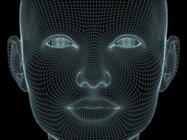 İnsan kafasının teknoloji, eğitim ve bilgisayar bilimleri illüstrasyonlarında kullanılmak üzere tel örgüde 3 boyutlu görüntülenmesi