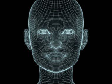 İnsan kafasının teknoloji, eğitim ve bilgisayar bilimleri illüstrasyonlarında kullanılmak üzere tel örgüde 3 boyutlu görüntülenmesi