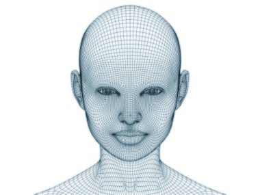 İnsan kafası ve yüzünün üç boyutlu görüntülenmesi illüstrasyon ve tasarım için tel örgüsü olarak kullanılacak