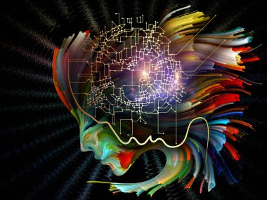 Zihin Çeşitliliği serisi. İki baş silueti - biri renkli, biri çizgi, yaratıcılık, hayal gücü ve iç dünya hakkında.