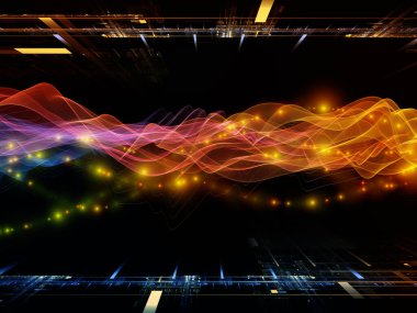 Sanal gerçeklik. Sanal Dalga serisi. Veri transferi ile ilişkili yatay sinüs dalgaları ve ışık parçacıklarının bileşimi, sanal, yapay, matematiksel gerçeklik.